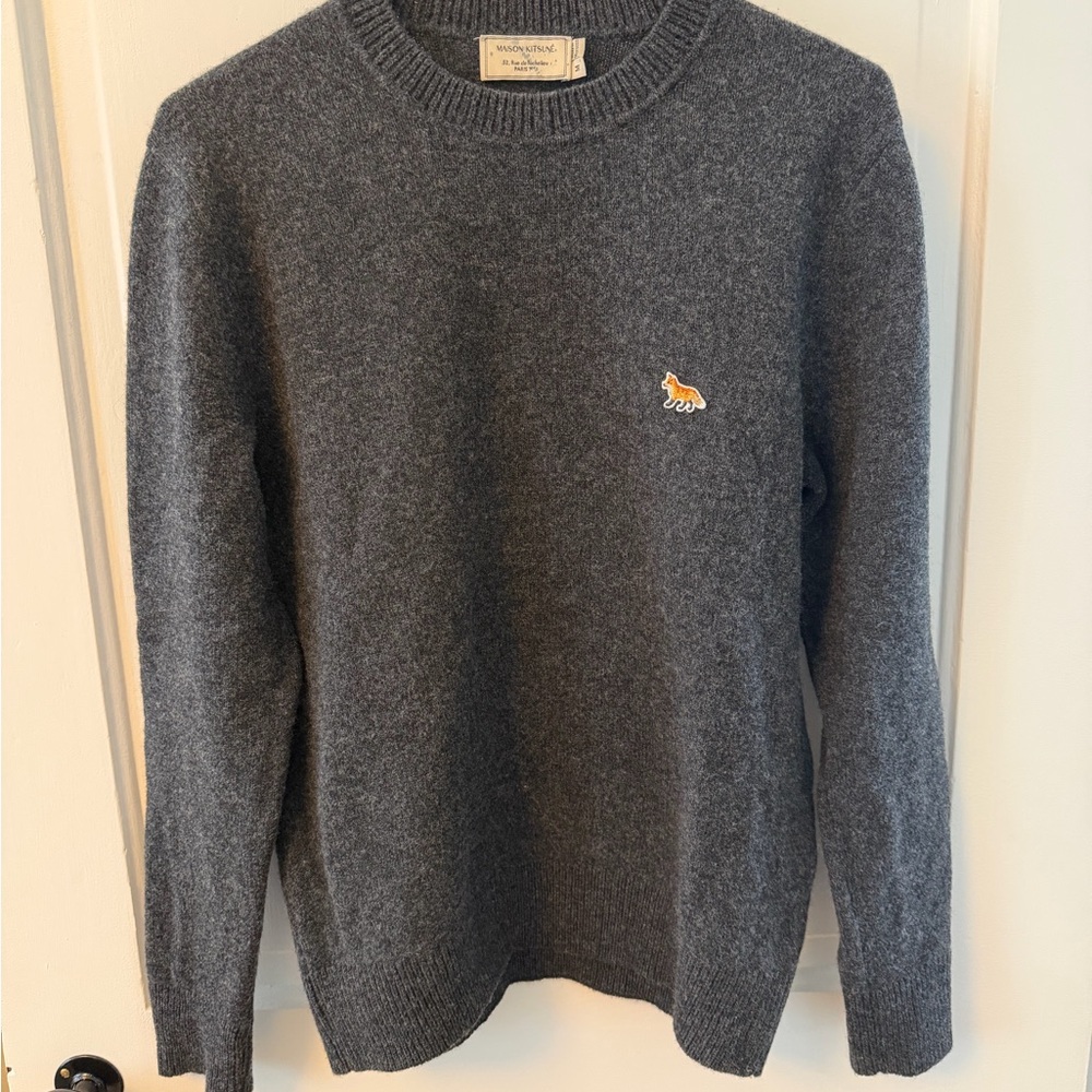 MAISON KITSUNE Gray Crewneck Sweater with Fox Patch